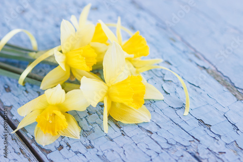 Fototapeta Naklejka Na Ścianę i Meble -  A bouquet of yellow narcissus on the wooden boards