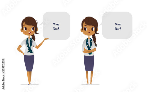 Collection of cheerful and depressed African American female scout troop leader dressed in smart clothes and speech balloons with place for text. Set of happy and sad women talking or speaking.