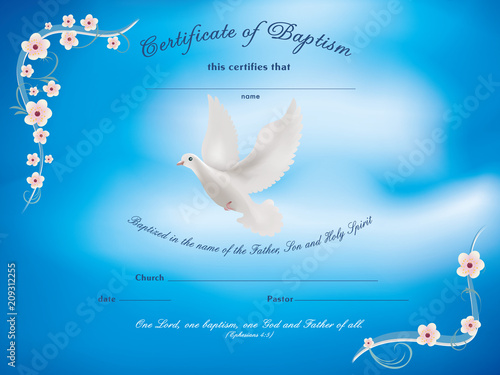 Certificate baptism template with dove and and flowery frame on blue background
