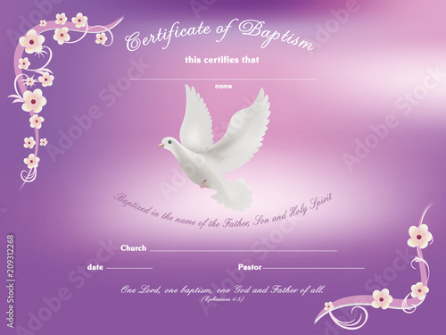 Certificate baptism template with dove and and flowery frame on pink background