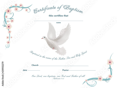 Certificate baptism template with dove and and flowery frame on white background