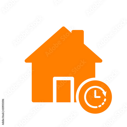 House icon, buildings icon with clock sign. House icon and countdown, deadline, schedule, planning symbol