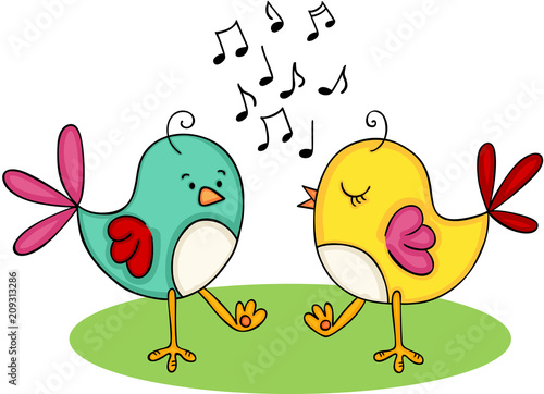 Cute couple of birds singing and dancing
