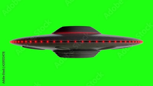 UFO - Flying saucer shape, Red lights around the outside, reflective metal body with realistic shaders, 3D rendered model rotating on an infinite loop over a green screen background