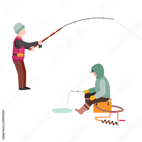Fishing fishermen vector catches fish fisher threw rod into water catch and spin, man pulls net out of the river character vector illustration
