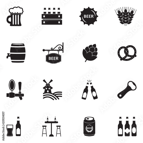 Beer Icons. Black Flat Design. Vector Illustration.
