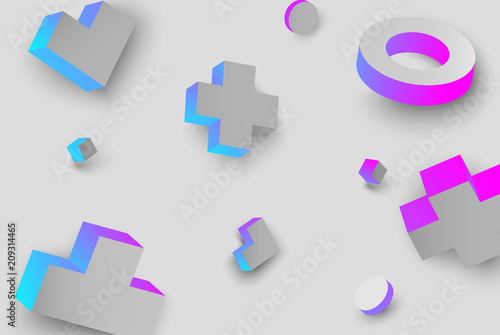 Grey background with colour 3d geometric figures.