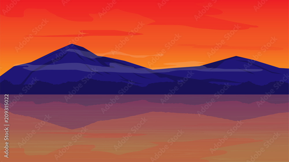 orange sky in evening with mountain landscape background;beautiful place in evening;landscape vector design