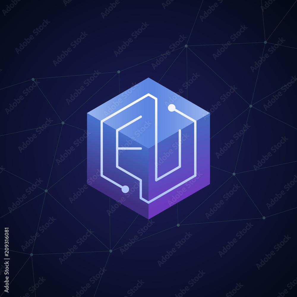 Initial letter EU, block chain, looping mono line circuit letter on hexagon cube logo, blue magenta gradient color on black blue network background Initial letter EU, block chain, looping mono line circuit letter on hexagon cube logo, blue magenta gradient color on black blue network background