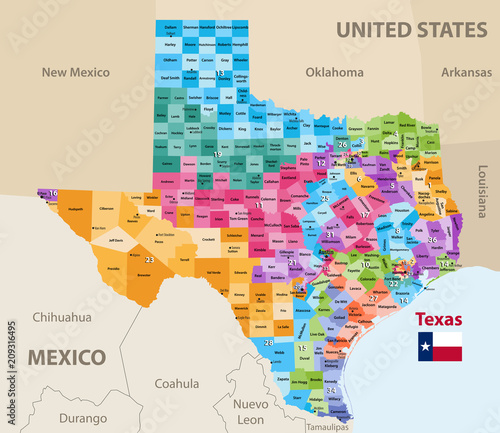 vector map of Texas's congressional districts. High detailed political map of Texas showing counties formations