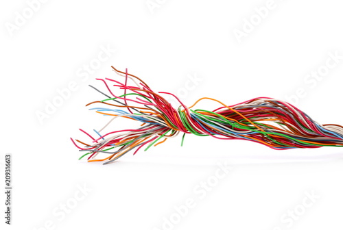 Telecommunication network cables, wires isolated on white background