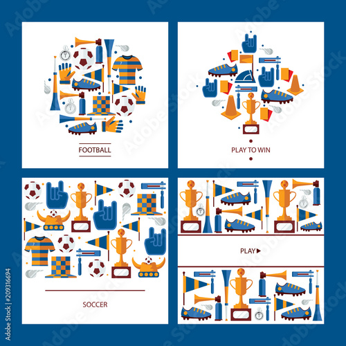 Square cards dedicated to soccer game with football elements like ball, winner cup, boots, vuvuzela, fan and player accessories and clothes. Vector collection