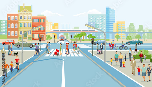 Straßenkreuzung mit Fußgänger und  Autoverkehr, Illustration