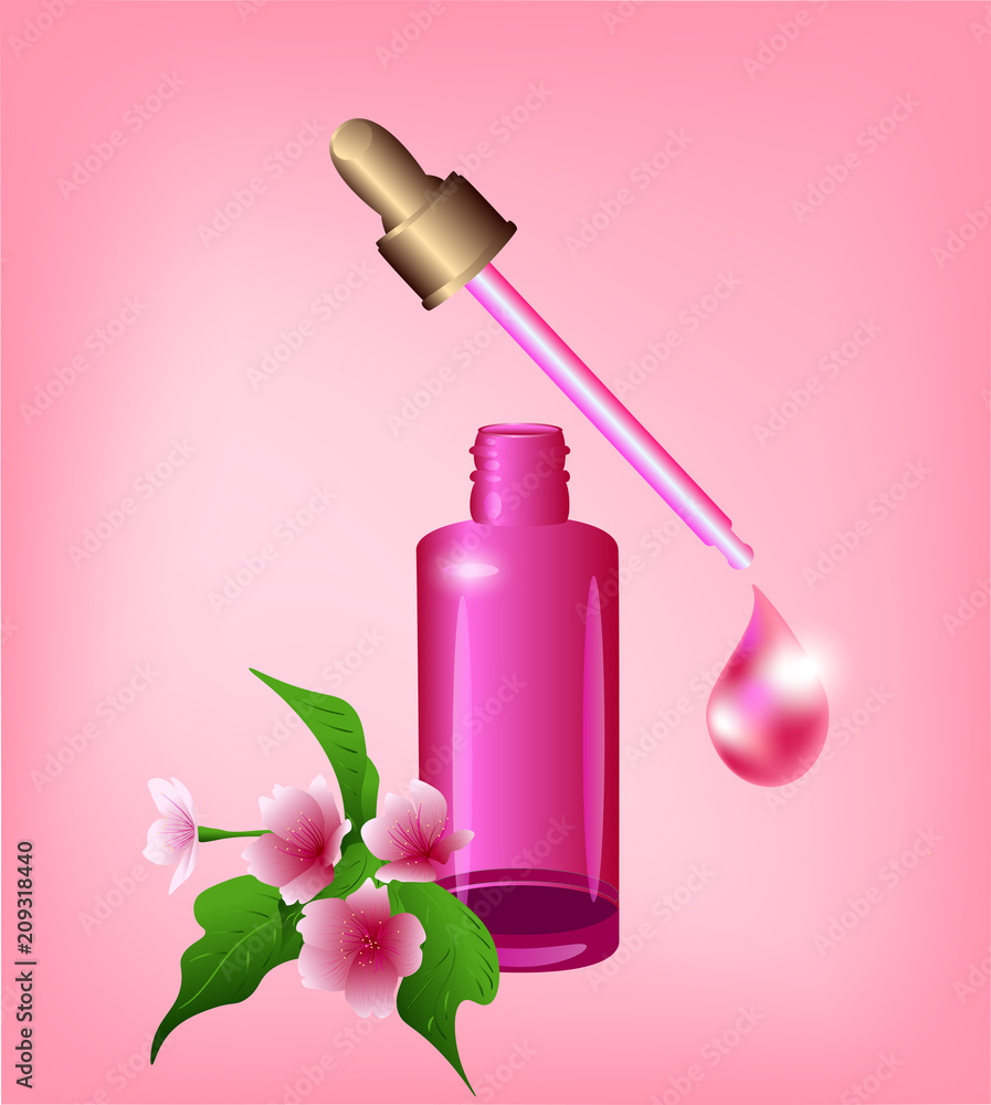 Vector illustration, dropper serum bottle, and a liquid drop on pink background Vector illustration, dropper serum bottle, and a liquid drop on pink background