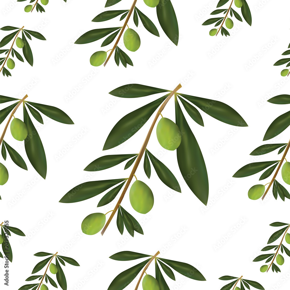seamless pattern with green olive tree leaves and olives