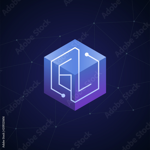 Initial letter GL, block chain, looping mono line circuit letter on hexagon cube logo, blue magenta gradient color on black blue network background