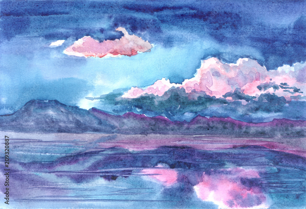 Obraz Ręcznie rysowane tła akwarela. Krajobraz różowy wschód słońca, zmierzch, góry i odbicie na wodzie. Projekt strony tytułowej, banera, broszury, strony docelowej