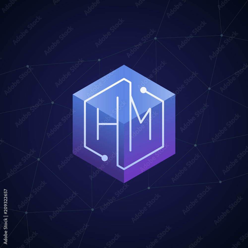 Initial letter HM, block chain, looping mono line circuit letter on hexagon cube logo, blue magenta gradient color on black blue network background