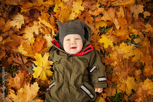 Cute Autumn Child on Fall Yellow Leaves  top view