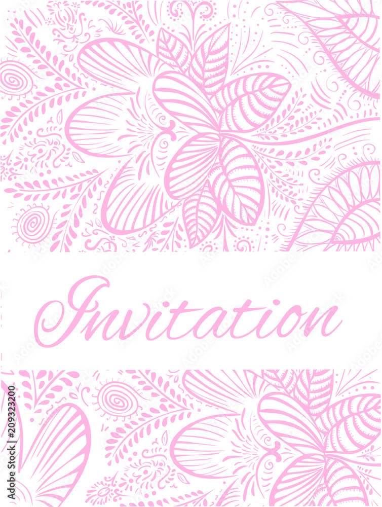 Pink doodle decorative flowers invitation card
