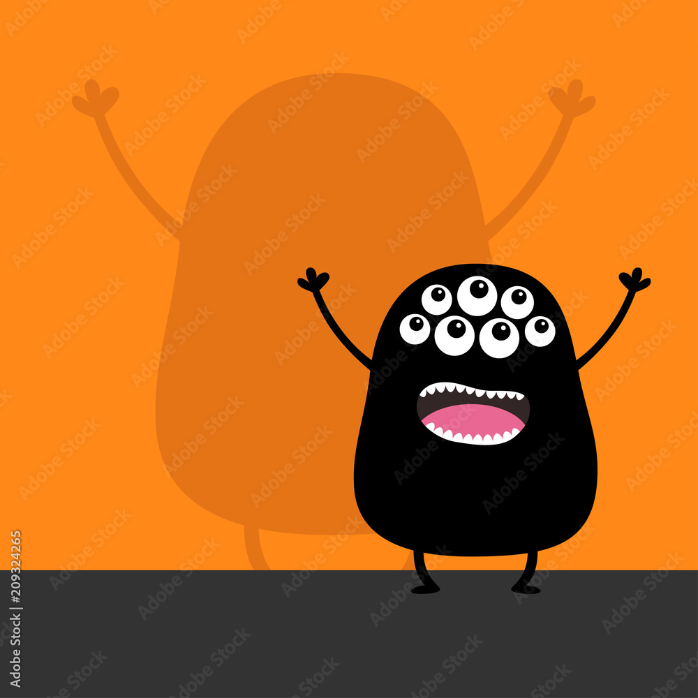 Monster black silhouette looking up. Wall shadow shade. Many eyes, teeth  fang tongue spooky hands up. Funny Cute cartoon baby character. Happy  Halloween. Flat design. Orange background. Stock Vector | Adobe Stock