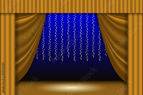Theatrical scene. Theater curtain, lights garlands and searchlight beam. Scene background