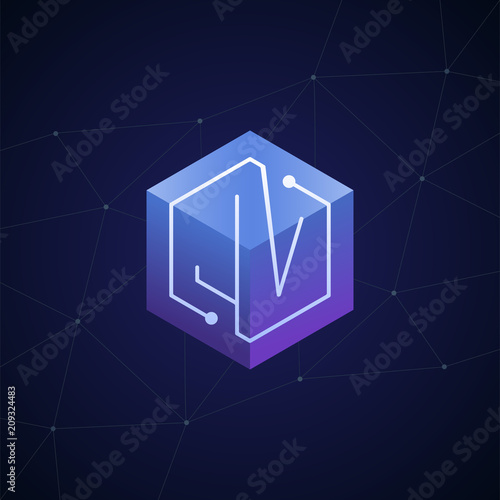 Initial letter JV, block chain, looping mono line circuit letter on hexagon cube logo, blue magenta gradient color on black blue network background