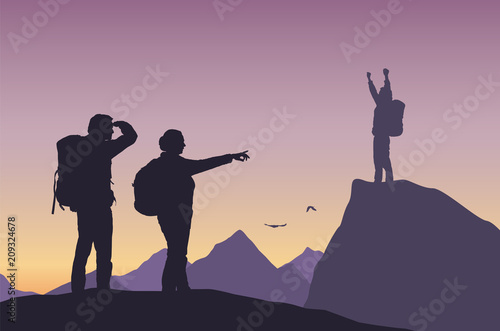 One successful tourist and two losers in mountain landscape