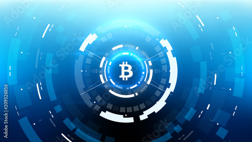Bitcoin cryprocurrency futuristic vector illustration for background, HUD, graphical user interface, banner, business and finance infographics and more. Worldwide digital money blockchain system