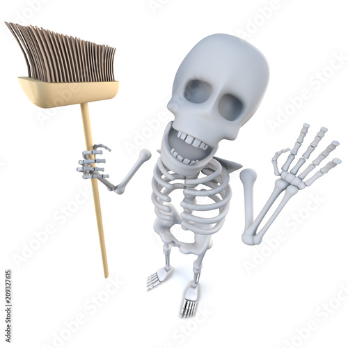 Vector 3d Funny cartoon skeleton character holding a broom ready to sweep