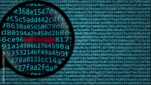 Magnifying glass discovers word espionage on computer screen. Security related search conceptual animation