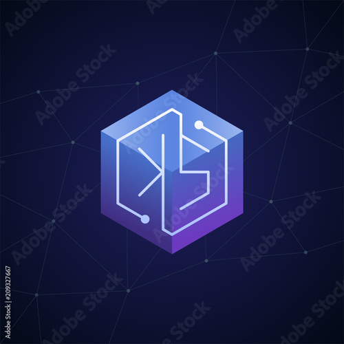 Initial letter KS, block chain, looping mono line circuit letter on hexagon cube logo, blue magenta gradient color on black blue network background