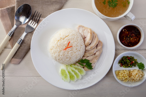 Photography Hainanese chicken rice on the table