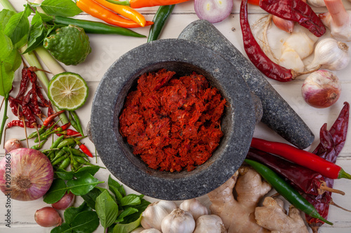 Fototapeta Thai Red curry paste with ingredient