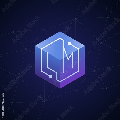 Initial letter LM, block chain, looping mono line circuit letter on hexagon cube logo, blue magenta gradient color on black blue network background