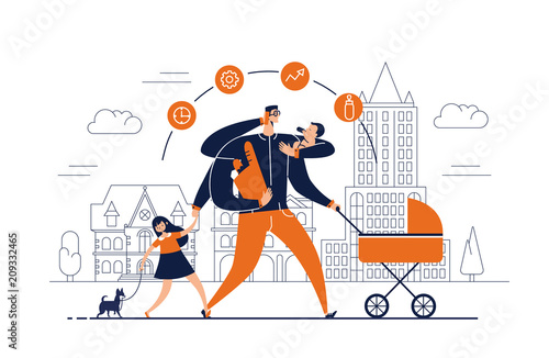 Man with task icons around head and several arms carries newborn child, stroller, bag with food, talks on phone and leads daughter walking dog on leash. Concept of single father. Vector illustration.