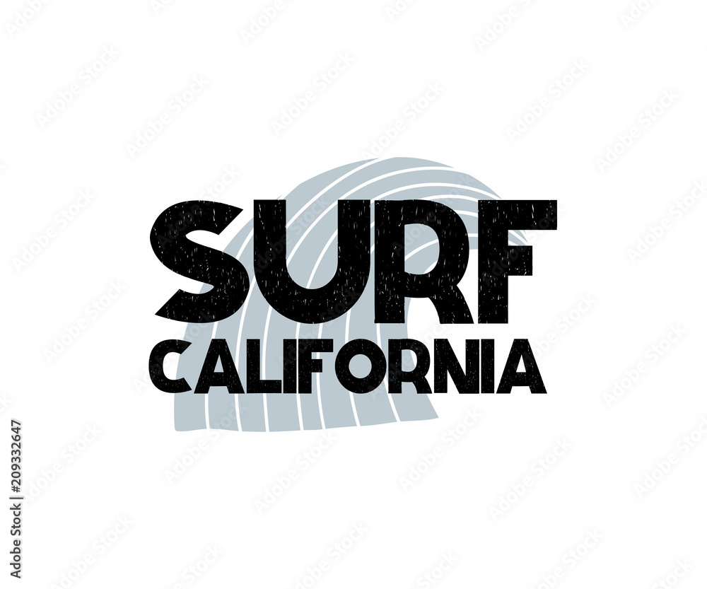 Card with lettering Surf California and wave in scandinavian style. Vector illustration