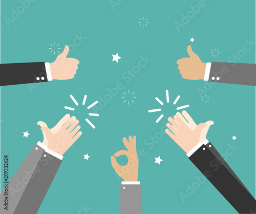 Human hands clapping. Applaud hands. Hand gestures - OK, Super, Thumb. Vector illustration in flat style on green background