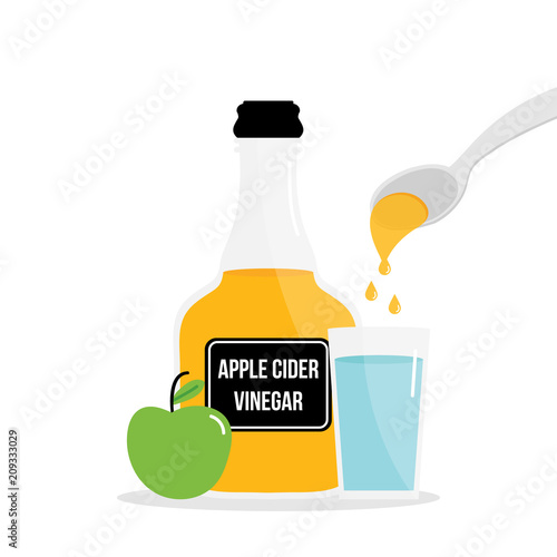 Vector cartoon illustration, concept of drinking apple cider vinegar for detox. Pouring a spoon of apple cider vinegar in glass of fresh water.