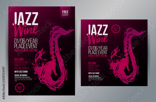 Brochure design template with hand drawing saxophone and wine stains. Music and wine concept.