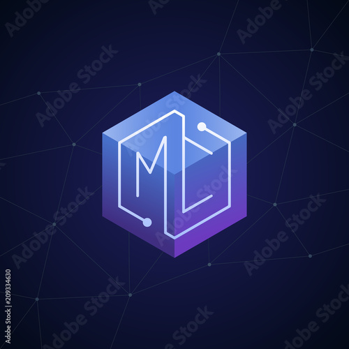 Initial letter MC, block chain, looping mono line circuit letter on hexagon cube logo, blue magenta gradient color on black blue network background