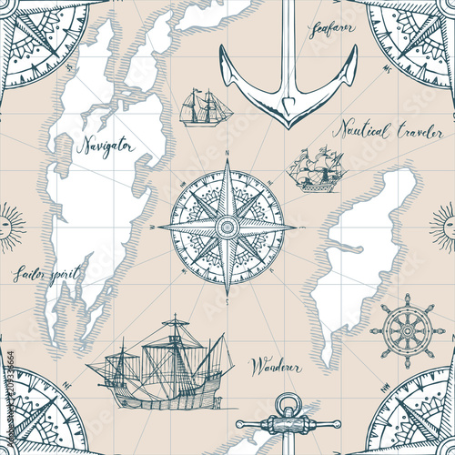 Vector abstract seamless background on the theme of travel, adventure and discovery. Old map with caravels, vintage sailing yachts, wind roses, anchors and handwritten inscriptions in retro style
