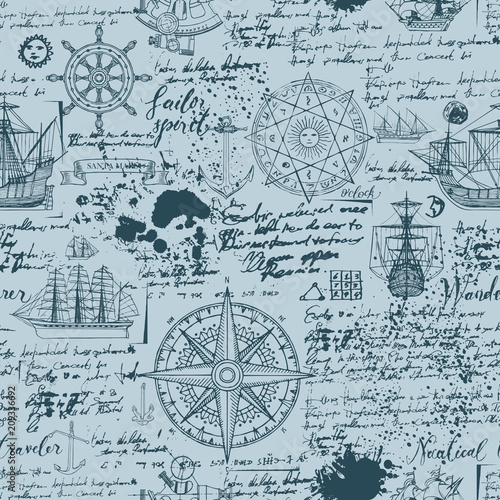 Vector abstract seamless background on the theme of travel, adventure and discovery. Old manuscript with caravels, wind rose, anchors and other nautical symbols with blots and stains in vintage style