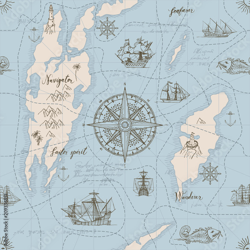 Vector abstract seamless background on the theme of travel, adventure and discovery. Old hand drawn map with vintage sailing yachts, wind rose, routs, nautical symbols and handwritten inscriptions