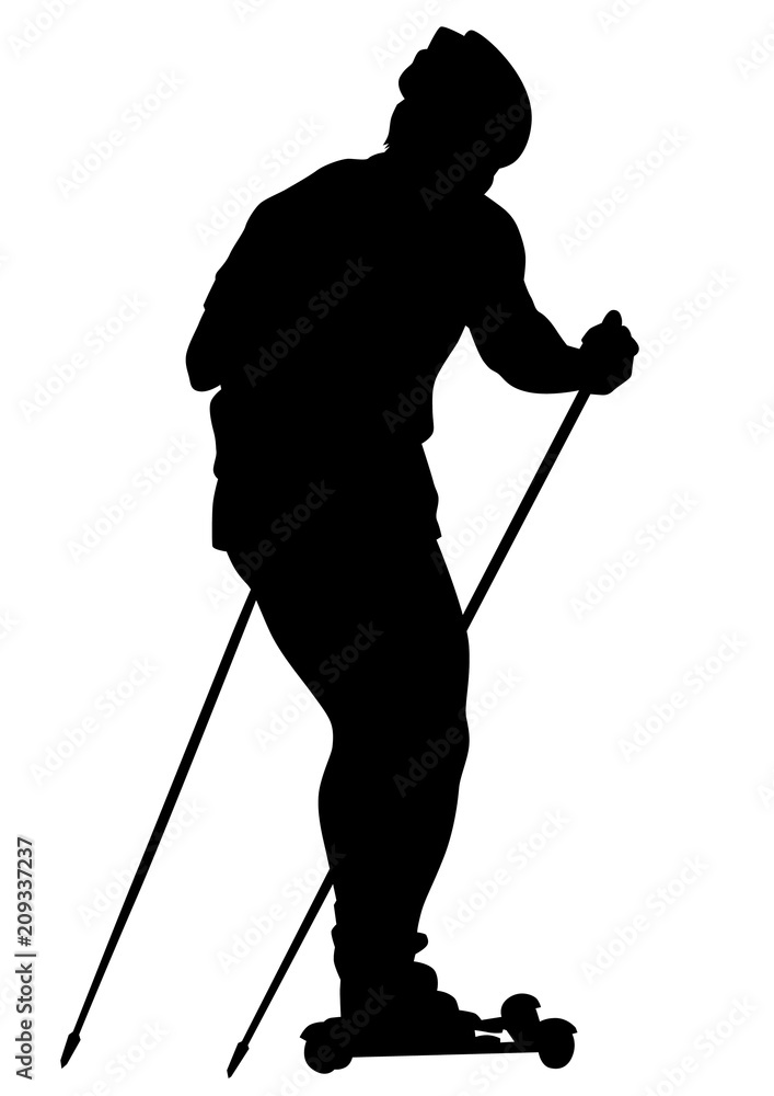 Young athlete with roller skis on a white background