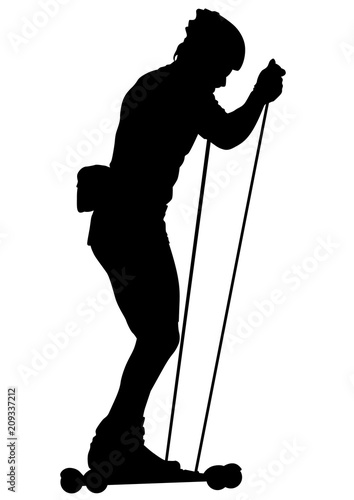 Young athlete with roller skis on a white background