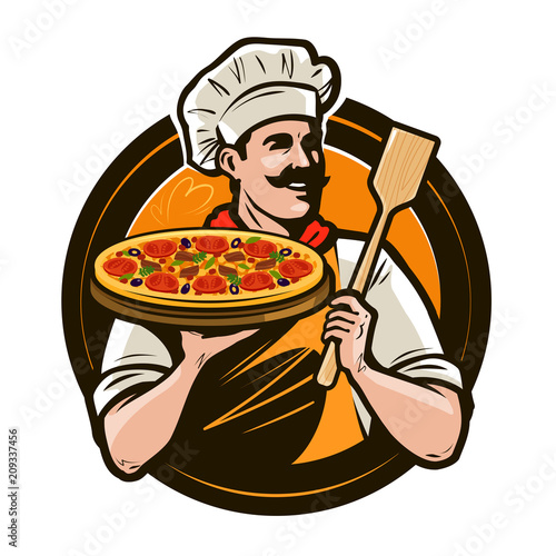 Pizzeria, fast food logo or label. Happy chef holding pizza and scapula in hands. Vector illustration