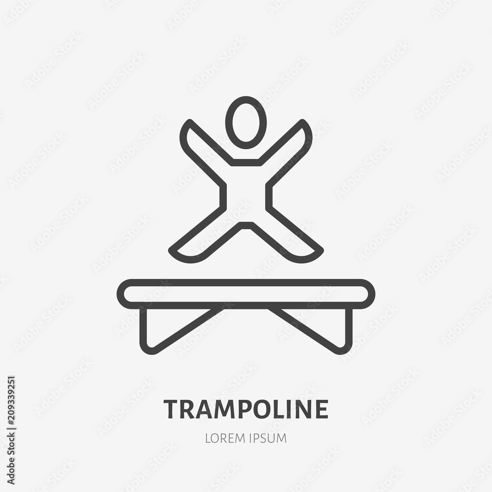 Flat line icon of happy people jumping on trampoline. Trampolining sign. Thin linear logo for amusement park, corporate party entertainment. Flat line icon of happy people jumping on trampoline. Trampolining sign. Thin linear logo for amusement park, corporate party entertainment.