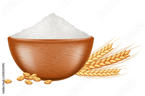 Wooden bowl with flour and wheat grain. Vector illustration.