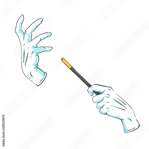  magician hands in gloves with a magic wand